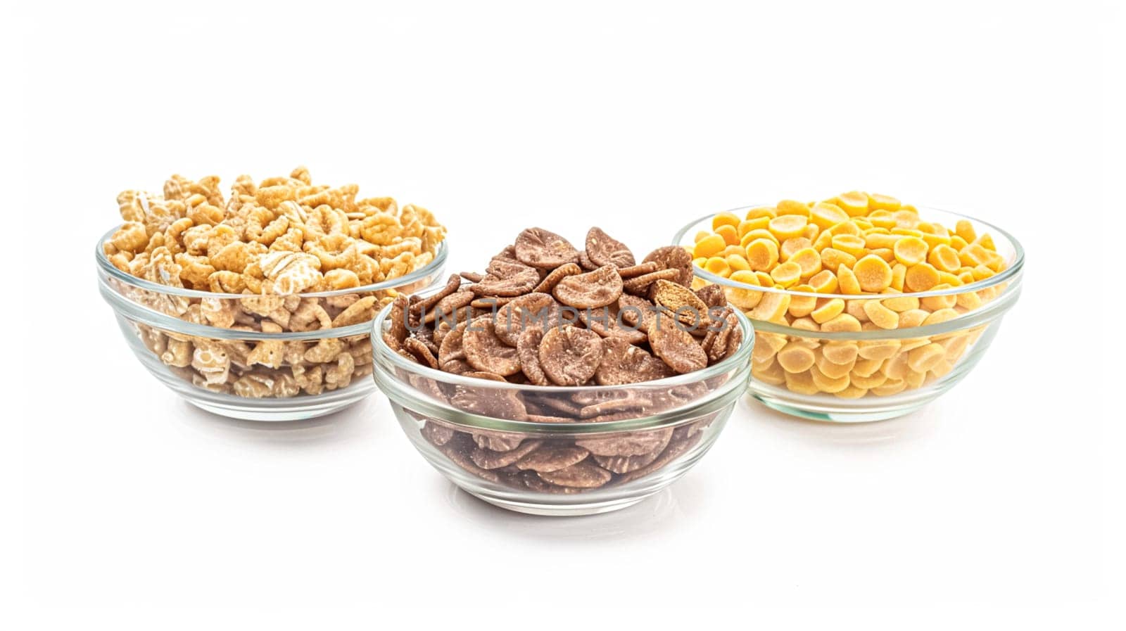 Assortment of cereal, grains, muesli or oats for healthy breakfast, organic farm market product isolated on white background