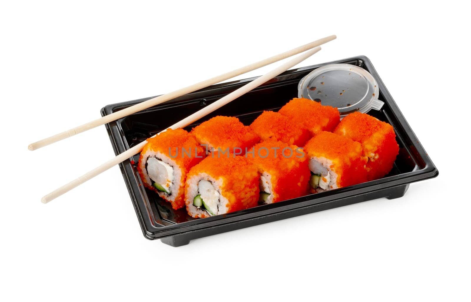 Take out packed sushi roll isolated on white background