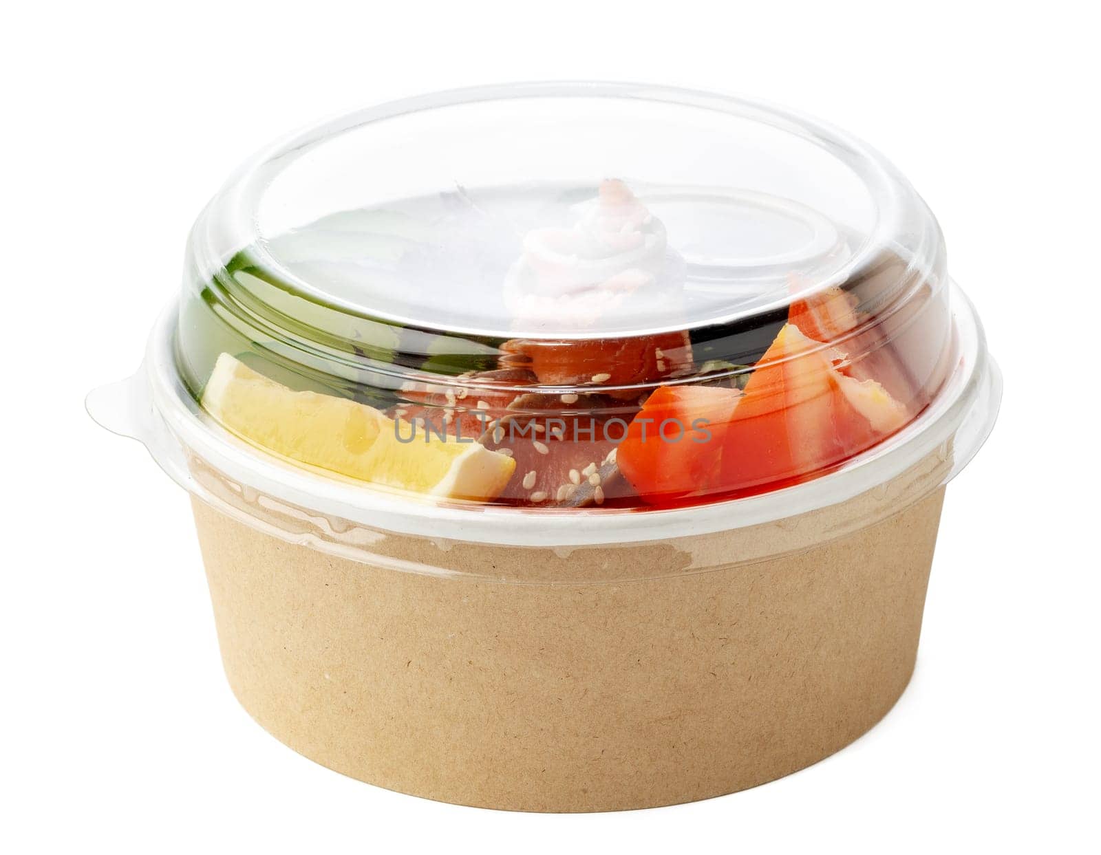Take out poke bowl isolated on white background close up