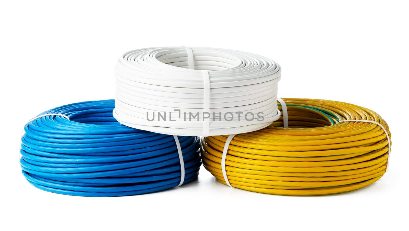 An image of three spools of electrical wire, coiled and arranged on a white surface.