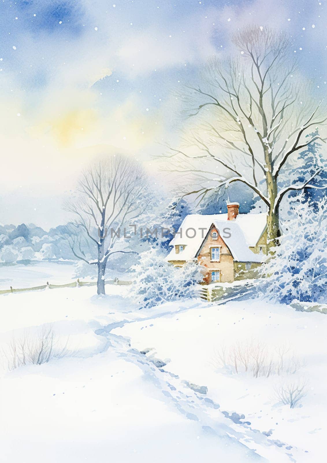 Watercolour printable winter countryside art print, English country cottage and snow, Christmas holiday, thank you and Happy Holidays diy greeting card design