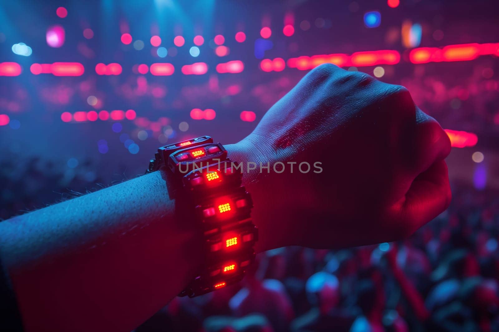 A close-up image of a persons hand wearing a red LED wristband at a nightclub party. The wristband is lit up, and the persons hand is in a fist. The background is blurred, showing a crowd of people dancing and a stage with lights.