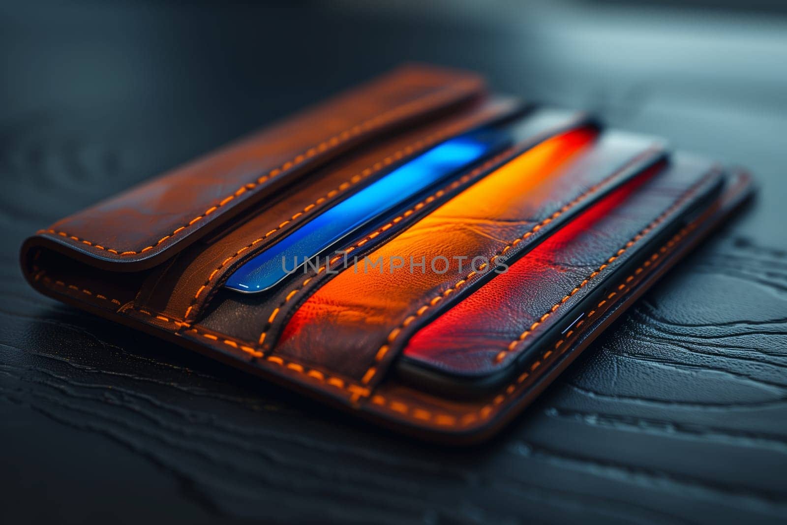 A close-up image of a brown leather wallet with credit cards inside, resting on a dark surface. The wallet is closed, and the credit cards are visible through the leather, reflecting light in shades of blue and orange. The image focuses on the texture of the leather and the stitching detail.