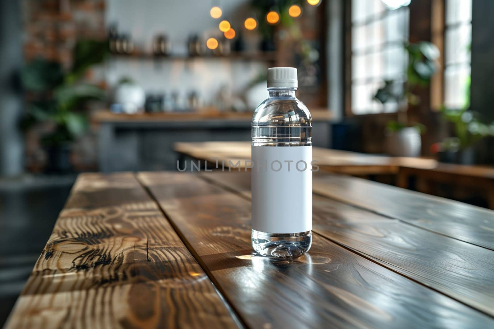 A clear plastic water bottle with a blank white label sits on a wooden table in a cafe. The bottle is filled with water and the background is blurry, showing other tables and chairs in the cafe. The cafe has large windows that allow natural light to stream in, and there are string lights hanging from the ceiling.
