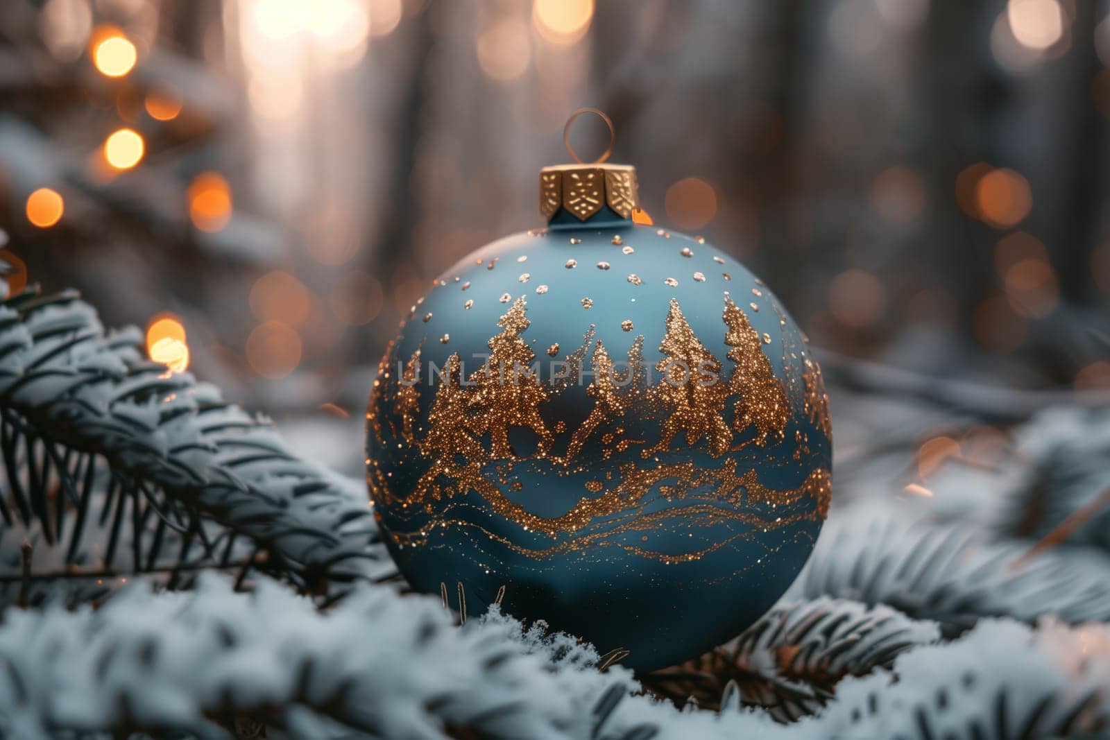 This image features a blue Christmas ornament with gold glitter trees and a gold glitter design on the bottom. The ornament is resting on a snowy pine branch in a forest, with a blurred background of pine trees and bokeh lights.