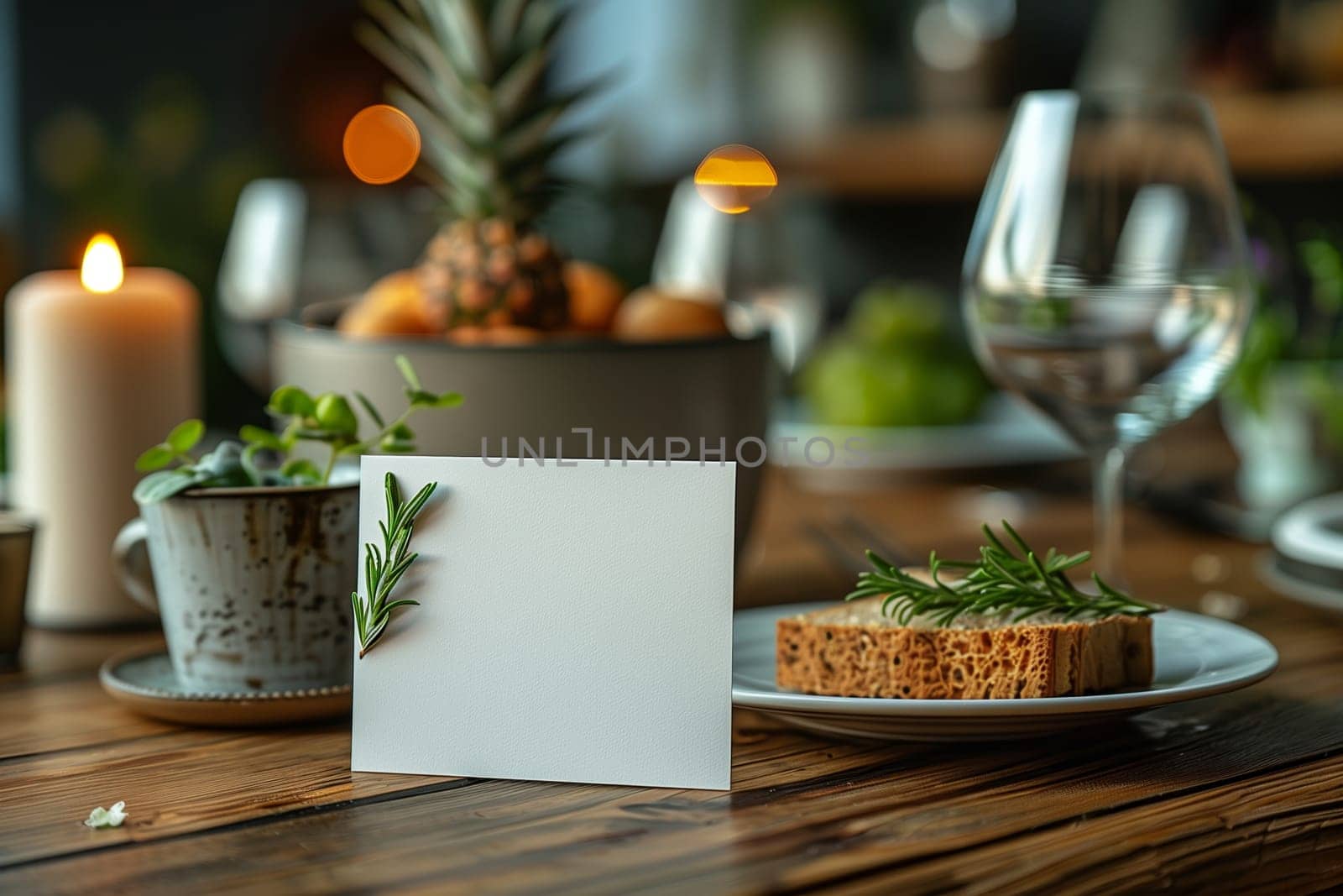 A close-up of a blank place card with a sprig of rosemary resting on it. The card is positioned on a rustic wooden table, with a slice of bread garnished with rosemary on a plate to the right. The background is out of focus and shows elements of a dinner table setting, including a lit candle, a potted plant, and a glass of wine.