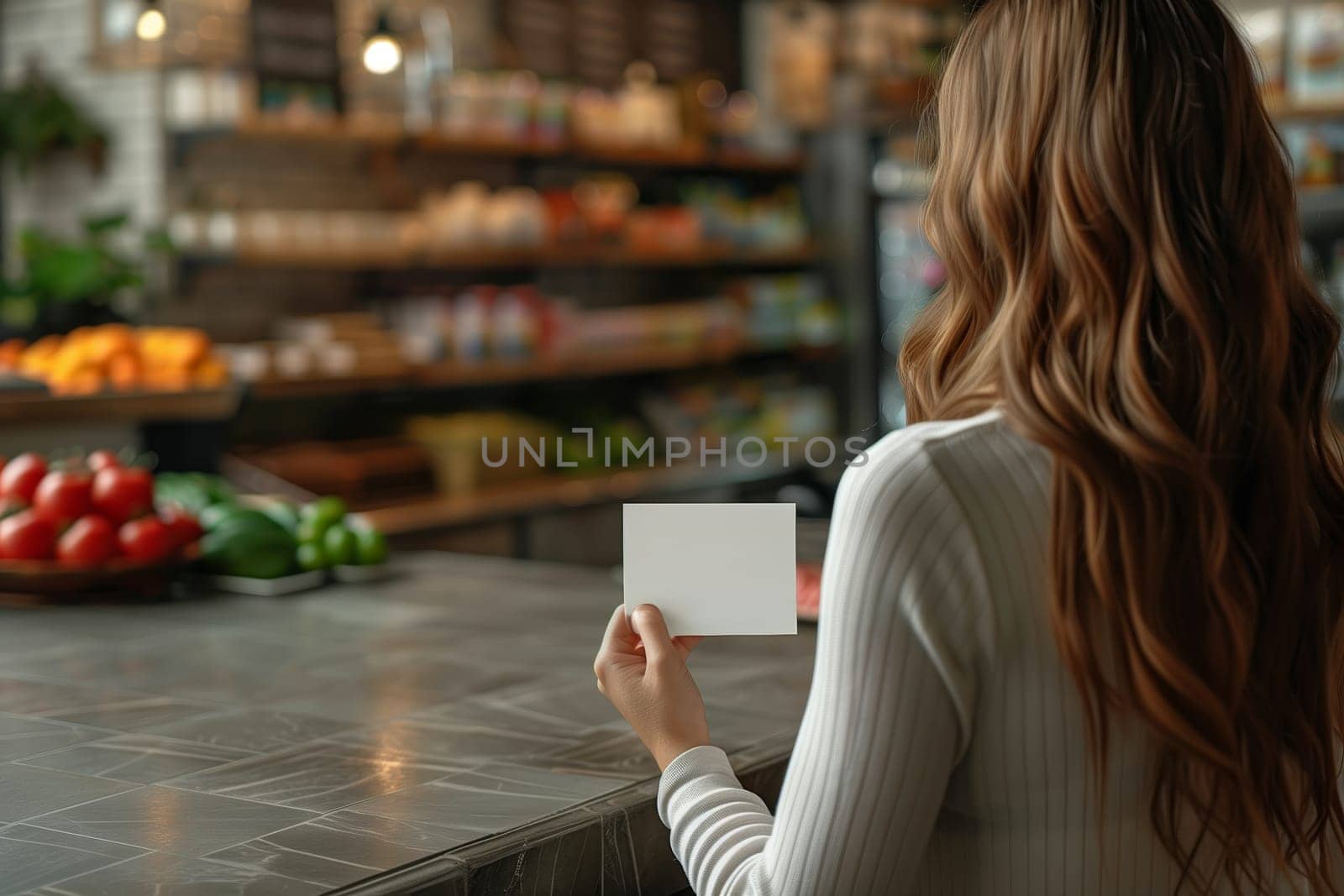 This image features a woman sitting at a table in a cafe, holding a blank card in her hand. She is facing away from the camera, and her long brown hair is cascading down her back. The cafe is out of focus, but we can see a counter in the background with a variety of produce displayed. The image is well-lit and captures the relaxed atmosphere of a cafe.