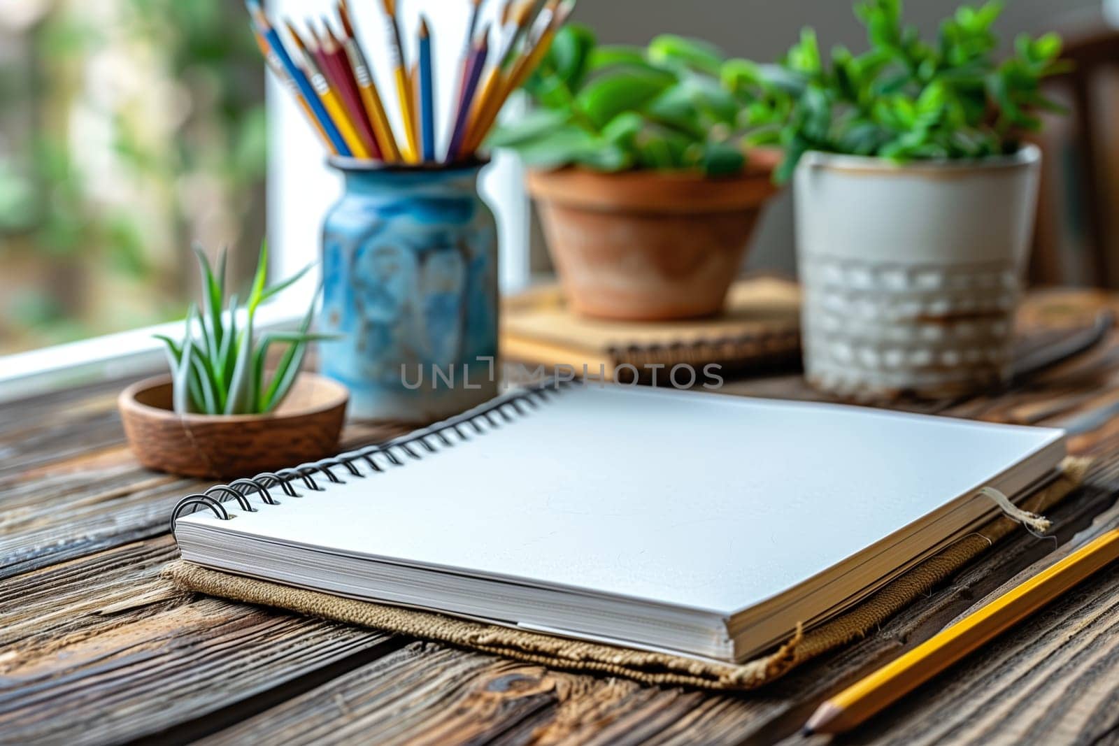 A close-up photo of a blank, open notebook laying on a wooden table near a window. There is a pencil lying on the table next to the notebook. There is also a pot of colorful pencils behind the notebook and two small potted plants, one on each side.