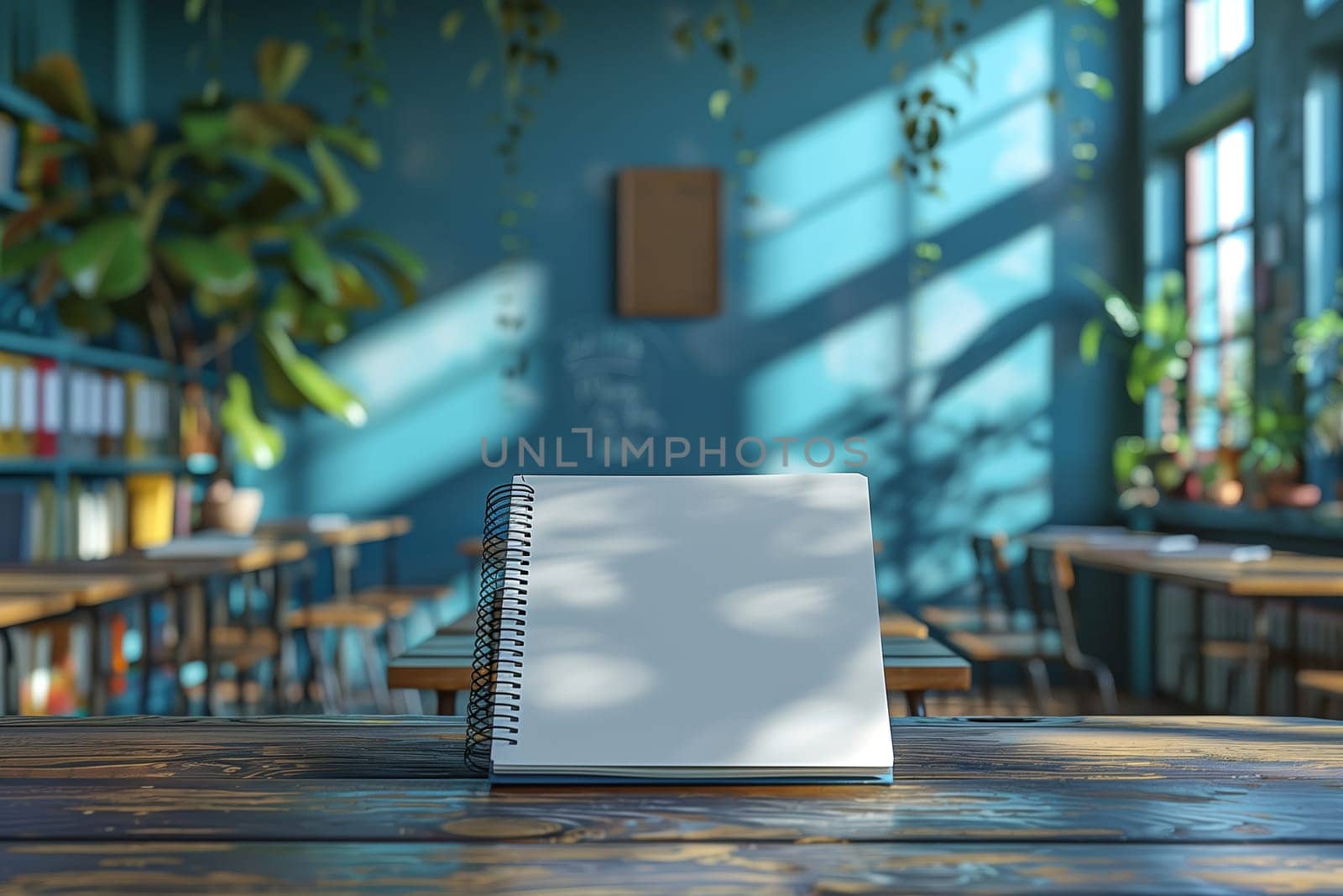 A blank notebook sits open on a wooden table in a classroom, bathed in warm sunlight streaming through the windows. The background is blurred, showing rows of desks and chairs, as well as plants and a bookshelf, creating a relaxed and inviting atmosphere.