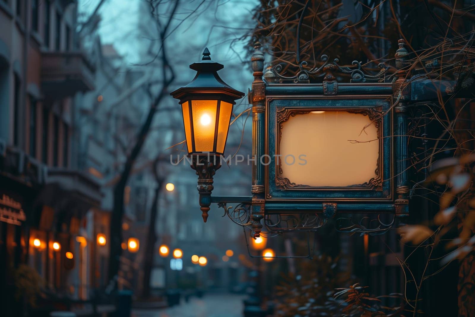 An ornate street lamp with a decorative frame casts a warm glow on a European city street at dusk. The lamppost stands out against the backdrop of a darkened, cobblestone street lined with buildings. The soft glow of the lamp creates a warm and inviting atmosphere.