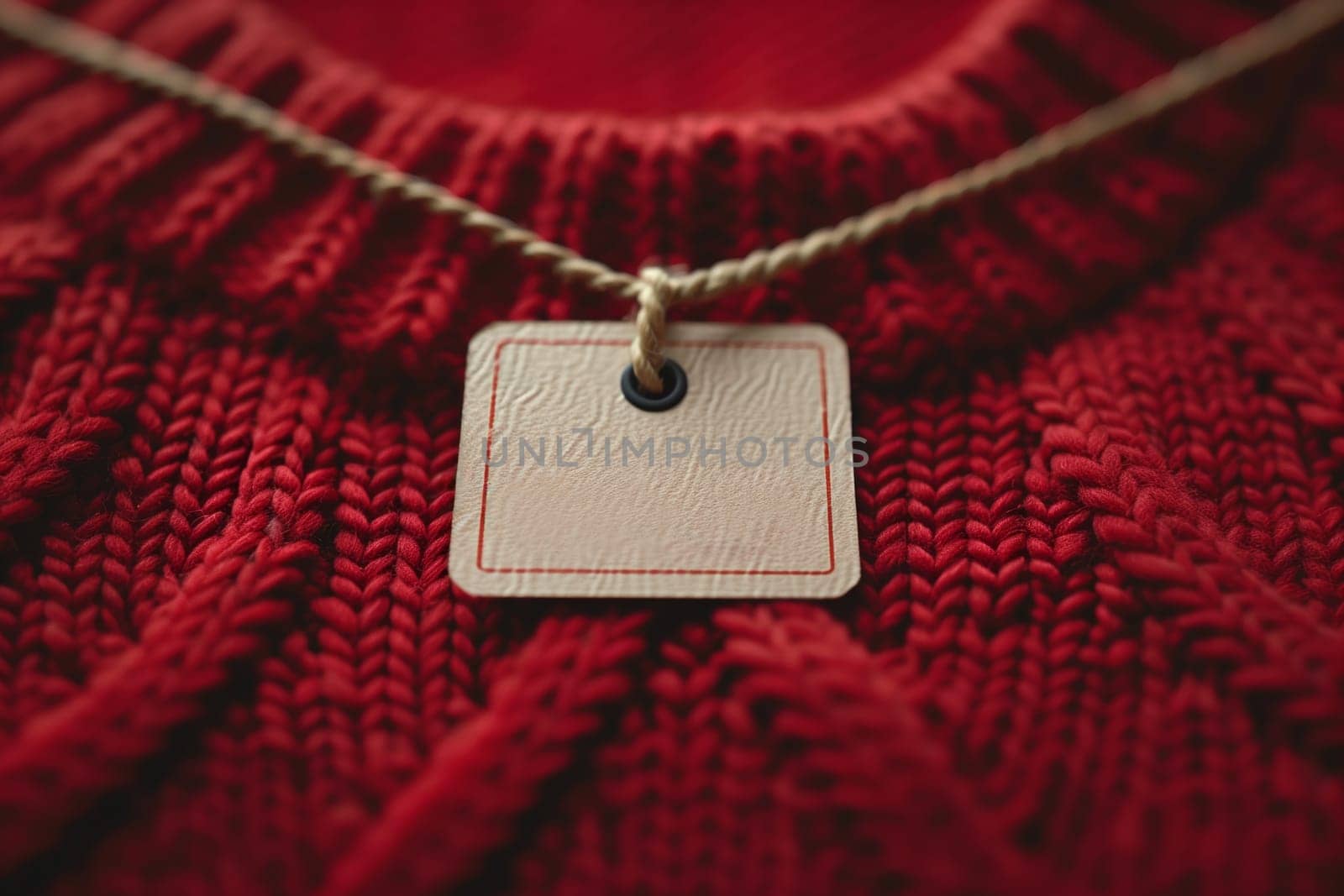 A close-up shot of a blank, brown paper tag attached to a red knitted sweater with a thin, brown twine. The tag has a red border and a small, black metal eyelet. The image is focused on the tag and the red knit fabric.