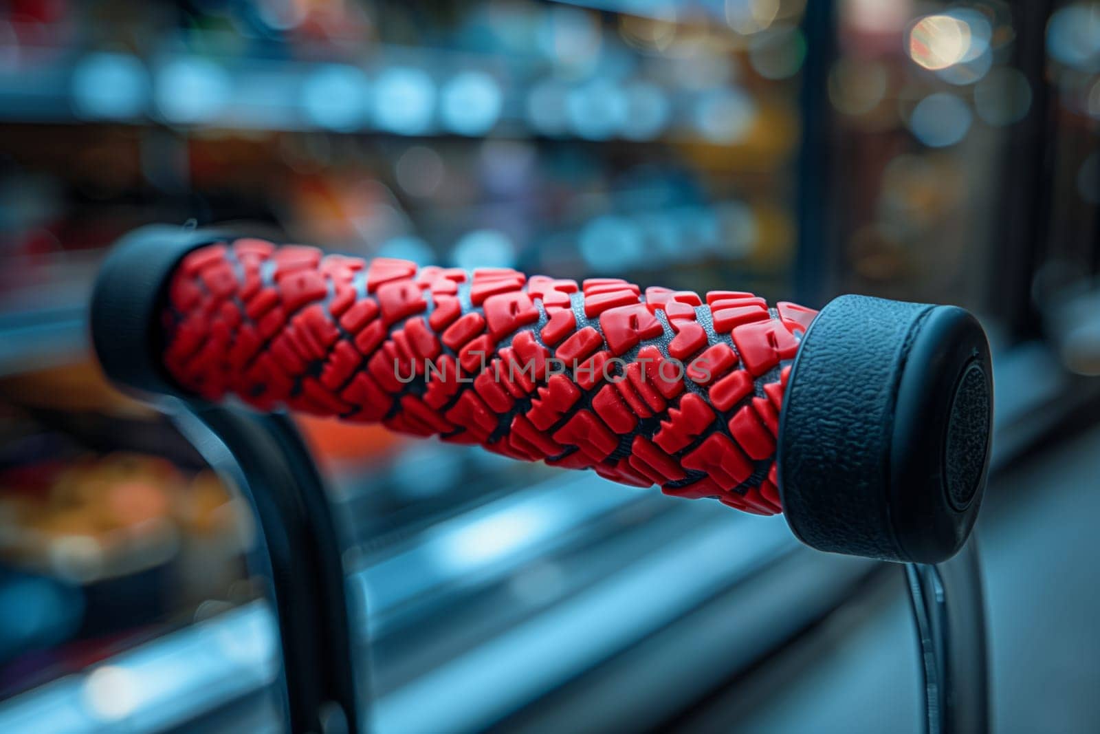 This image shows a close-up of a red and black bicycle handlebar grip. The grip has a textured surface with a tread-like design. It is likely a new grip, as it is clean and free of any wear or tear. The background is blurred, but it appears to be a retail environment.