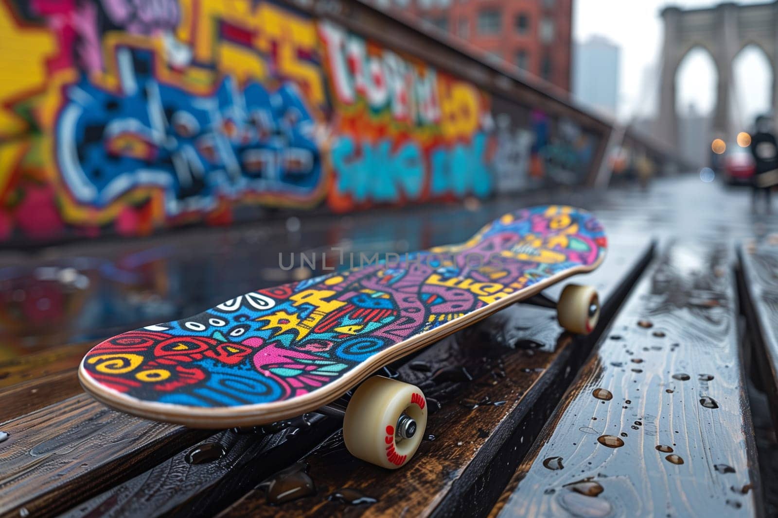 A brightly colored skateboard rests on a wet wooden bench, with a graffiti-covered wall and a bridge in the blurry background. Water droplets from a recent rain shower are visible on the bench.