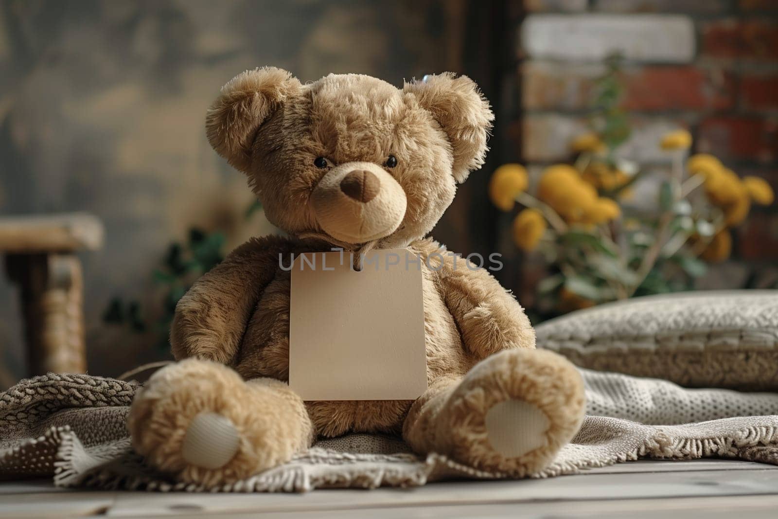 A plush brown teddy bear sits on a blanket with a blank tag hanging around its neck. It appears to be sitting in a room with soft lighting. The bear is looking directly at the camera.