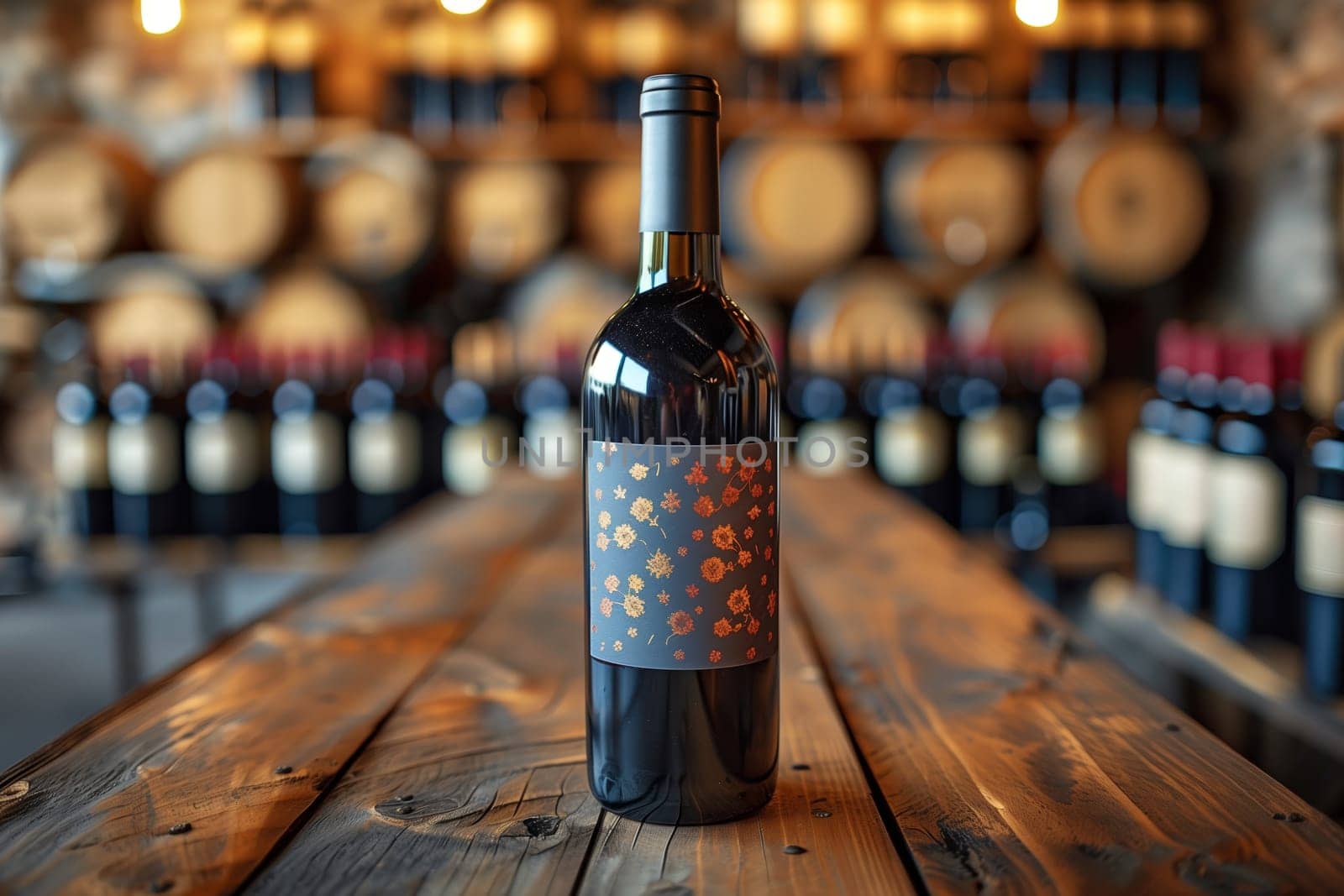 A single bottle of wine with a floral label sits on a wooden counter in a winery. The bottle is in focus, while the background is blurred, showing rows of wine barrels and more bottles of wine.