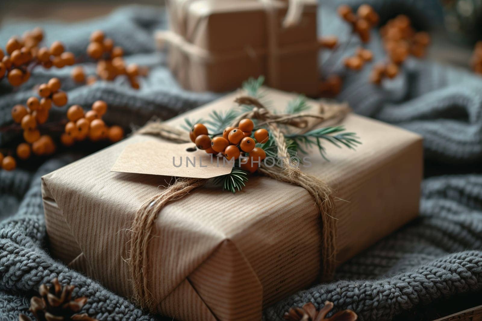 This is a close-up image of a brown paper wrapped gift with a green evergreen branch and orange berries on top. The gift is tied with twine and rests on a gray knit blanket with a blurry background.