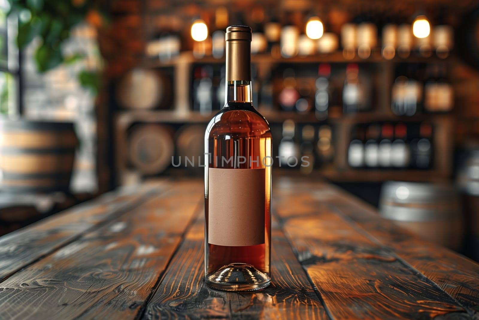 A single bottle of wine sits on a wooden bar table in a rustic bar. The bottle is full of wine and has a blank label. The bar is dimly lit, and there are other bottles of wine on shelves in the background.
