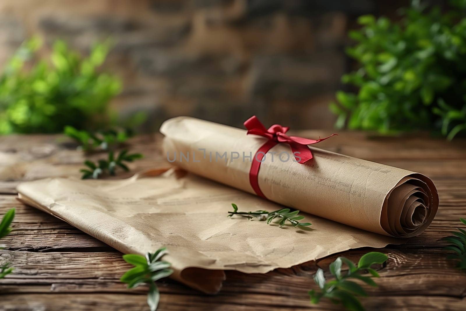 A rolled parchment with a red ribbon tied around it sits on a rustic wooden table. The parchment is partially unrolled and the paper is crinkled, giving it a vintage feel. There are green leaves in the background, adding a touch of nature to the image.