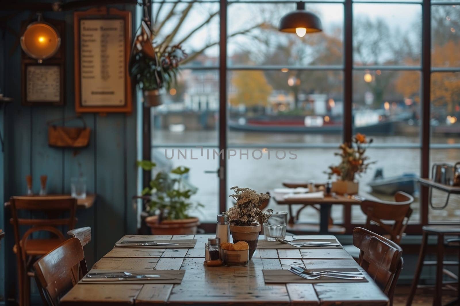 A wooden table set for two sits empty in a restaurant with large windows overlooking a waterway and a cityscape. The windows are open, allowing in natural light. The scene is bathed in a warm, inviting glow. There are potted plants and cutlery on the table, and a hanging light fixture hangs overhead. The table is ready for diners.