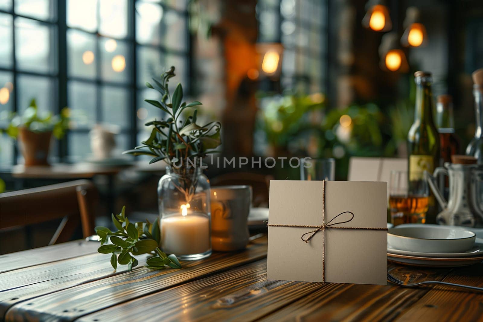 A rustic table setting featuring a wooden table, greenery in a glass vase, a lit candle, and a place card tied with twine. The background is blurred and features a window with a view of the outside world. The image evokes a sense of warmth and intimacy, perfect for a special occasion or a romantic dinner.