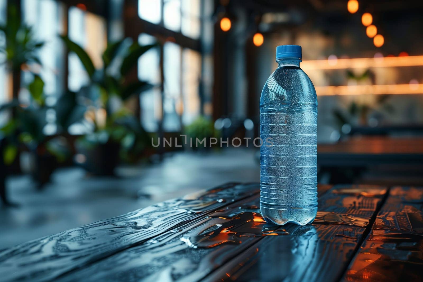 A close-up shot of a cold water bottle sitting on a wet wooden table in a cafe setting. The bottle is partially in focus with a shallow depth of field. The cafes interior is visible in the background, including plants and a blurred window. The bottle reflects the surrounding light, creating a warm and inviting atmosphere.