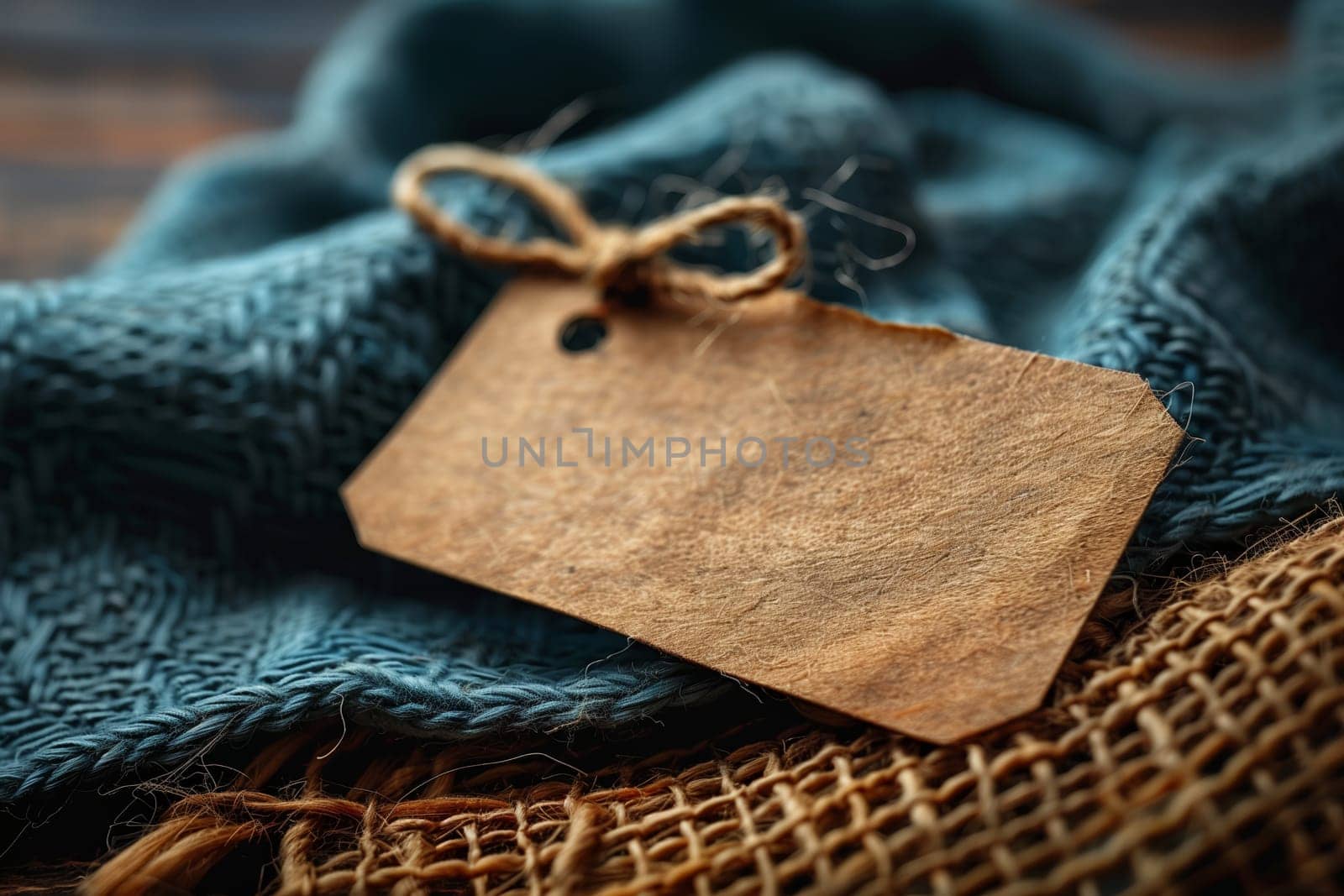 A close-up image of a blank, brown tag tied with twine on top of a blue fabric and brown burlap. The tag is the main focus of the image and is in sharp focus, while the fabric is blurred in the background. The image evokes a rustic and simple aesthetic.