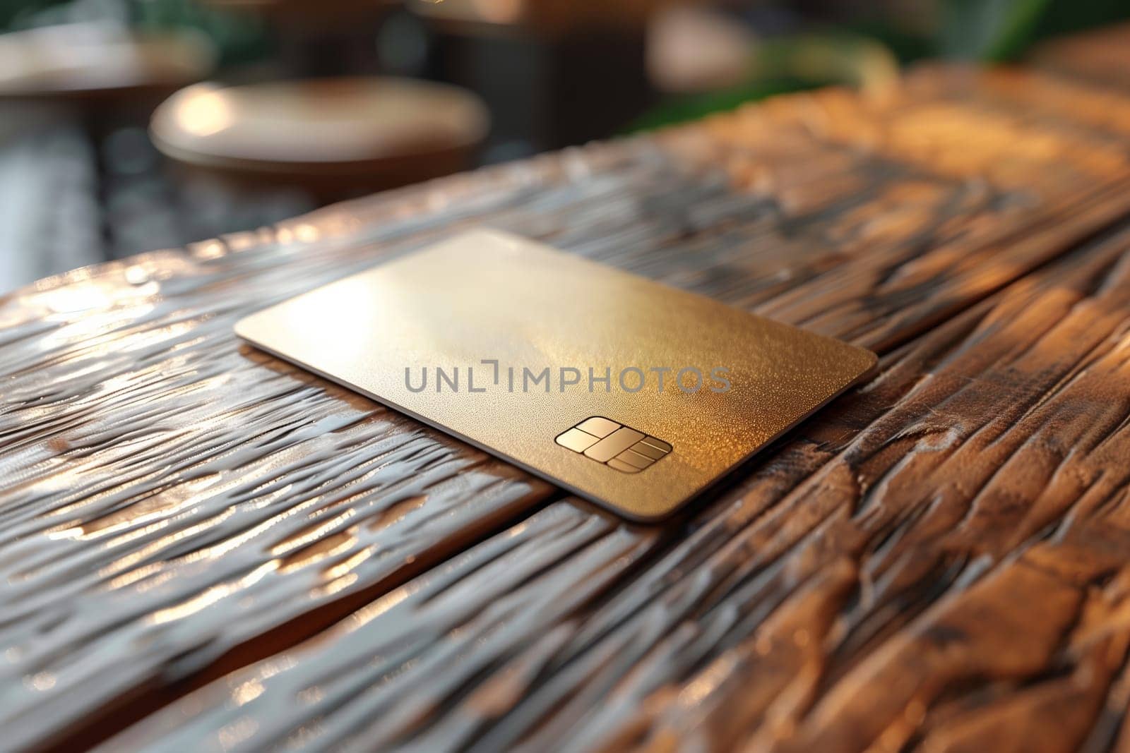 A close-up photograph of a golden credit card lying on a rustic wooden table, captured during the daytime. The tables surface has a warm, natural wood grain. The cards metallic gold finish reflects the light, highlighting its subtle texture.