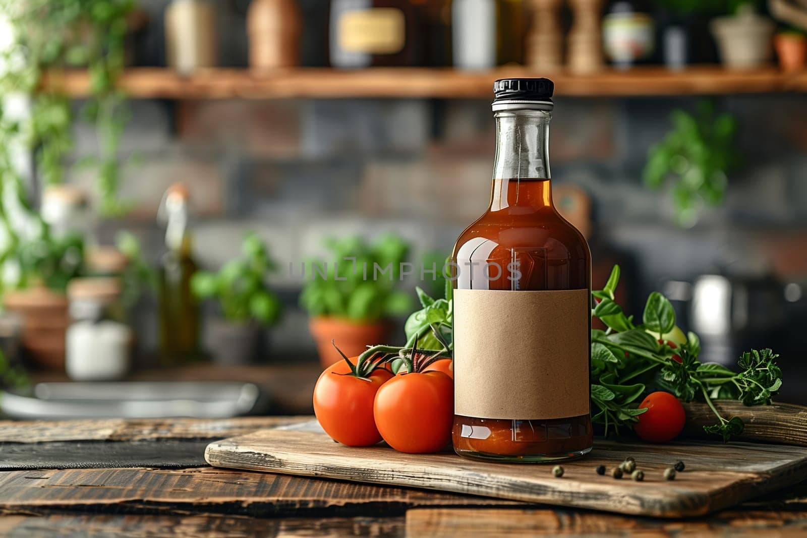 A glass bottle with a brown liquid and a blank label sits on a wooden cutting board in a kitchen. There are two ripe tomatoes, a few green herbs, and black peppercorns on the board. The bottle and produce are in focus, while the background of the kitchen is blurred.