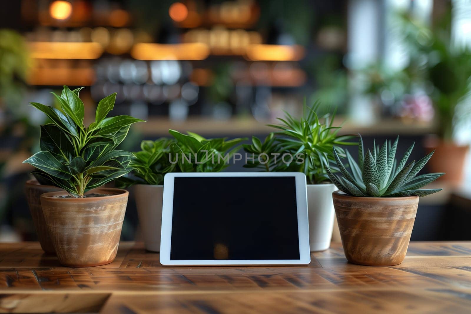 A white tablet computer sits on a wooden table in a coffee shop. The tablet is surrounded by potted plants, including a green leafy plant, a succulent, and another small potted plant. The background of the image is blurry, showcasing the interior of the coffee shop, with shelves and other plants visible.