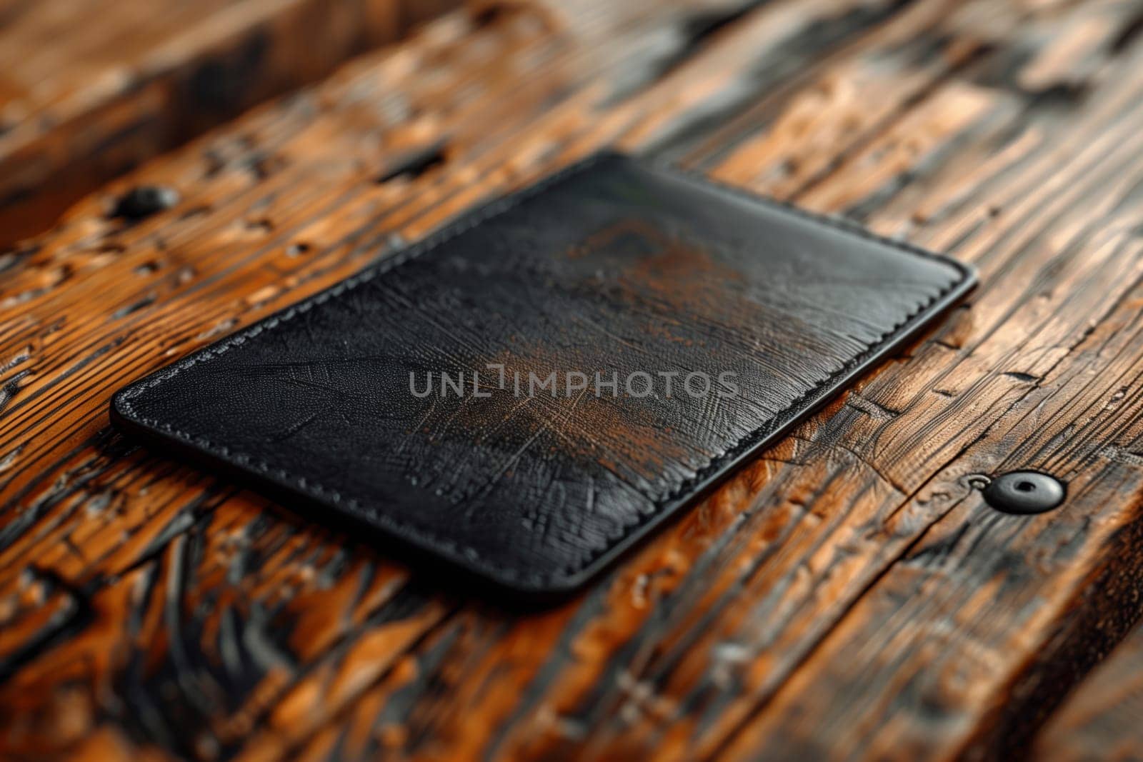This image showcases a black leather wallet, crafted with a textured finish, lying on a rustic wooden table. The wallets simple design and the natural wood grain provide a visually appealing contrast, highlighting the quality and craftsmanship of the leather.
