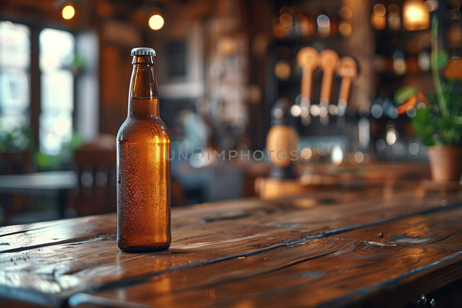 A single bottle of beer sits on a wooden bar table in a dimly lit pub. The bottle is condensation and the bar is made of rustic, weathered wood. The background shows a blurry view of the bars taps, shelves, and other seating areas.