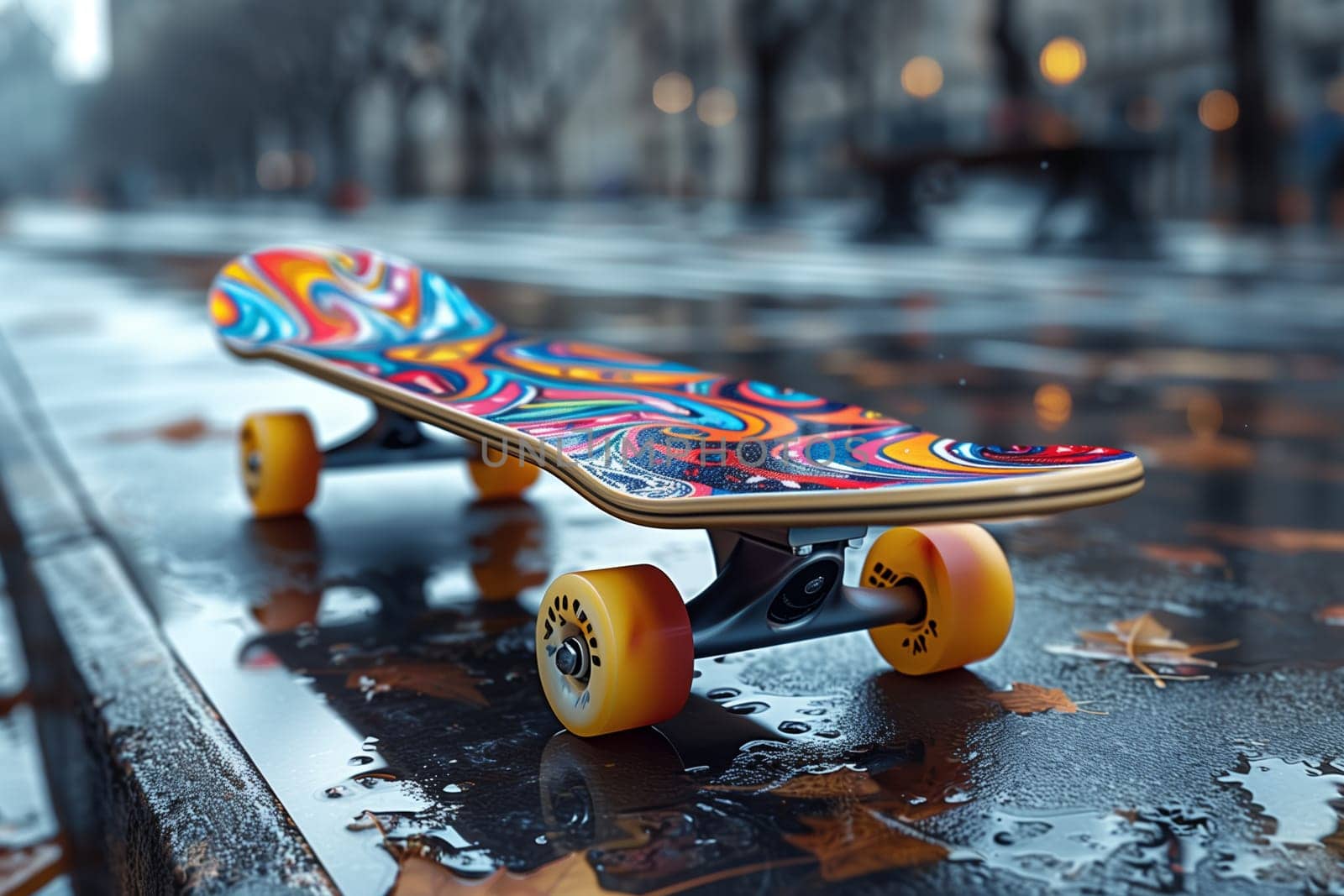 A brightly colored skateboard rests on a wet concrete sidewalk in an urban setting. The board features a vibrant abstract design with swirling colors, and its yellow wheels stand out against the gray pavement. The background is blurred, showcasing a cityscape with trees and streetlights.