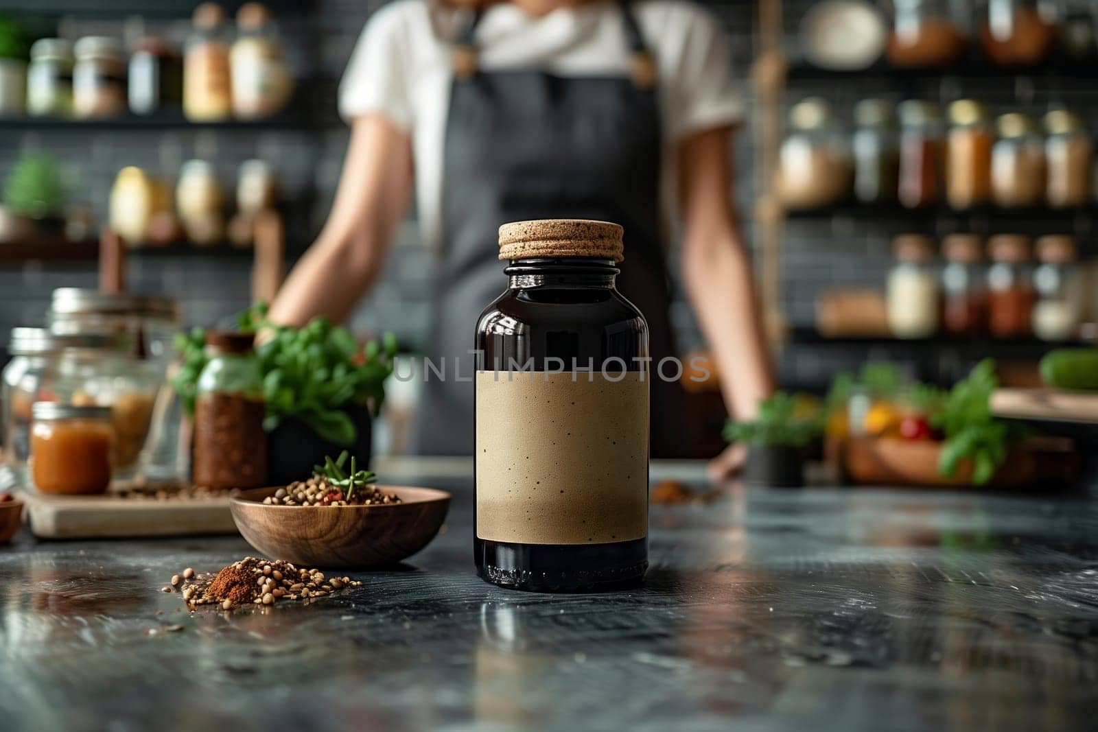 A close-up image of a brown glass bottle with a cork top, sitting on a kitchen counter with scattered spices around it. The bottle has a blank label. In the background, a person wearing an apron is out of focus, suggesting a culinary setting.