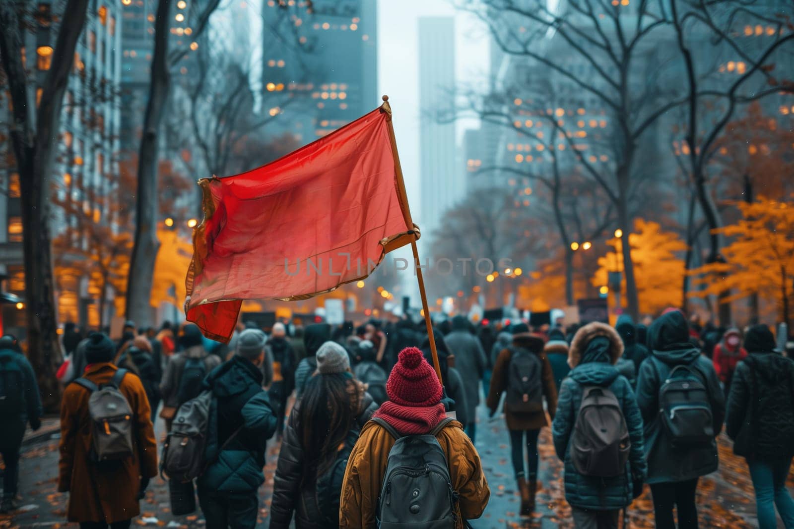 A large crowd of people marches through a city street on a fall day. The crowd is carrying a red flag and many other signs, suggesting a protest or demonstration. The street is lined with trees with golden leaves and the weather appears to be cool and overcast. The focus of the image is on the person carrying the red flag, as they walk through the crowd.