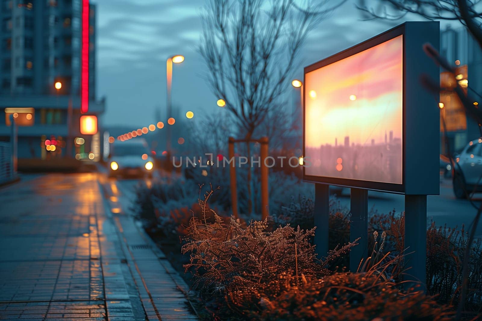 An illuminated billboard stands on a city street, displaying a vibrant image of a cityscape at sunset. The street is paved with brick and is illuminated by streetlights, casting a warm glow on the sidewalk. A small bush grows in the foreground, adding a touch of greenery to the scene. The building in the background is blurred and out of focus, creating a sense of depth and perspective.