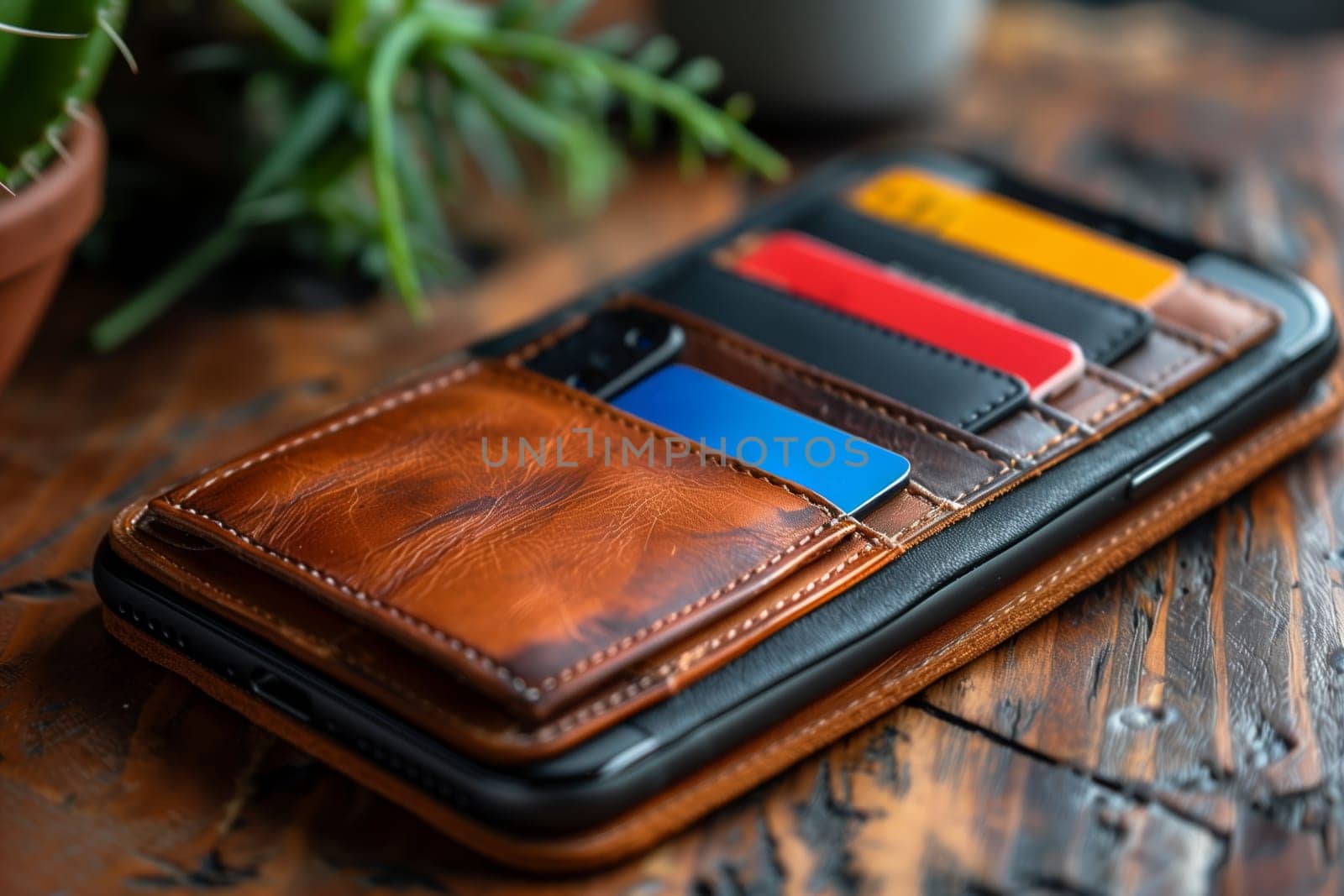 A close-up image of a brown leather phone wallet with credit cards inserted. The wallet is sitting on a wooden table with a green plant in the background. The image showcases the wallets texture and design.