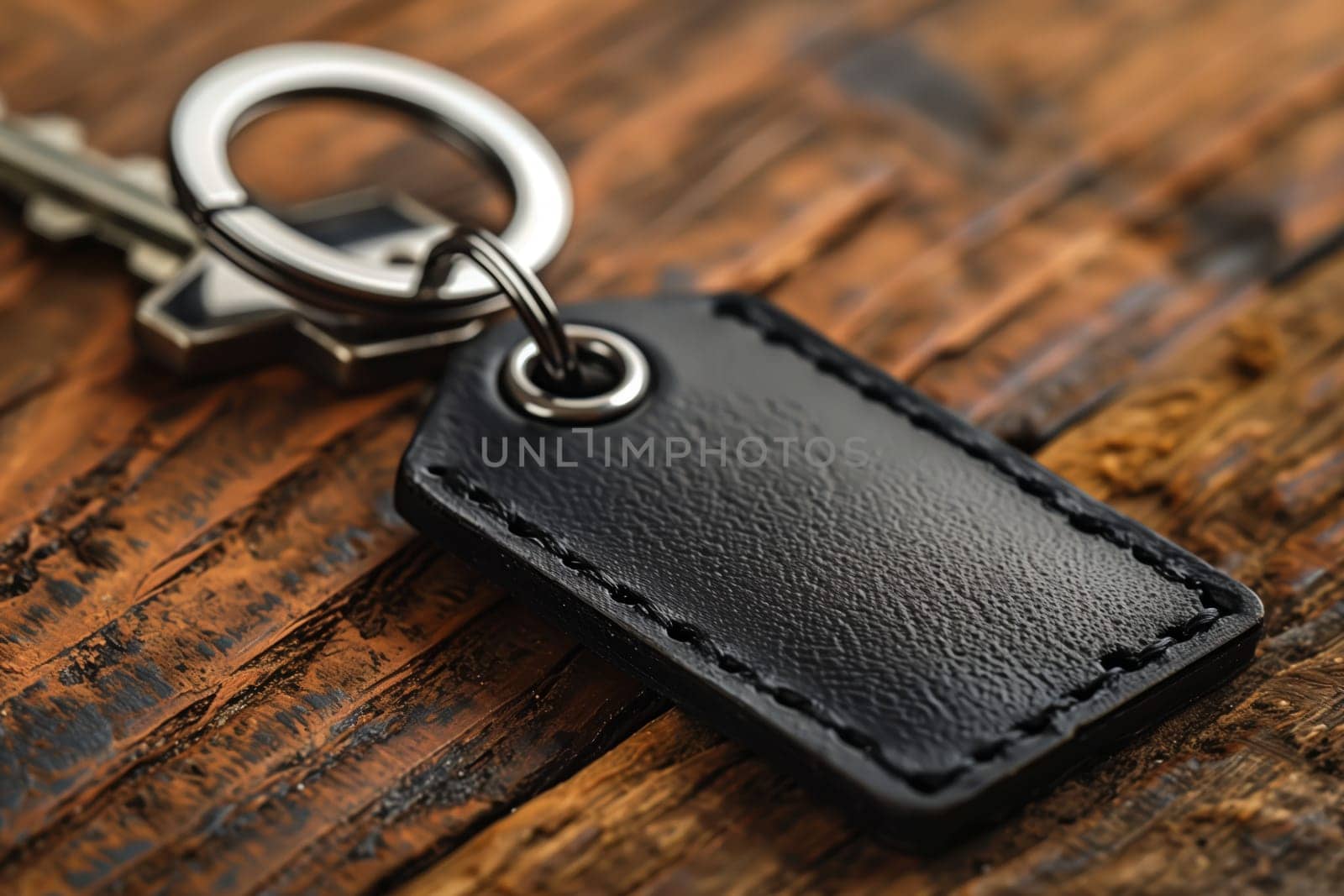 This image shows a close-up of a black leather keychain with a silver metal ring and key attached. The keychain is resting on a weathered, rustic wooden surface, highlighting the texture of both the leather and the wood.