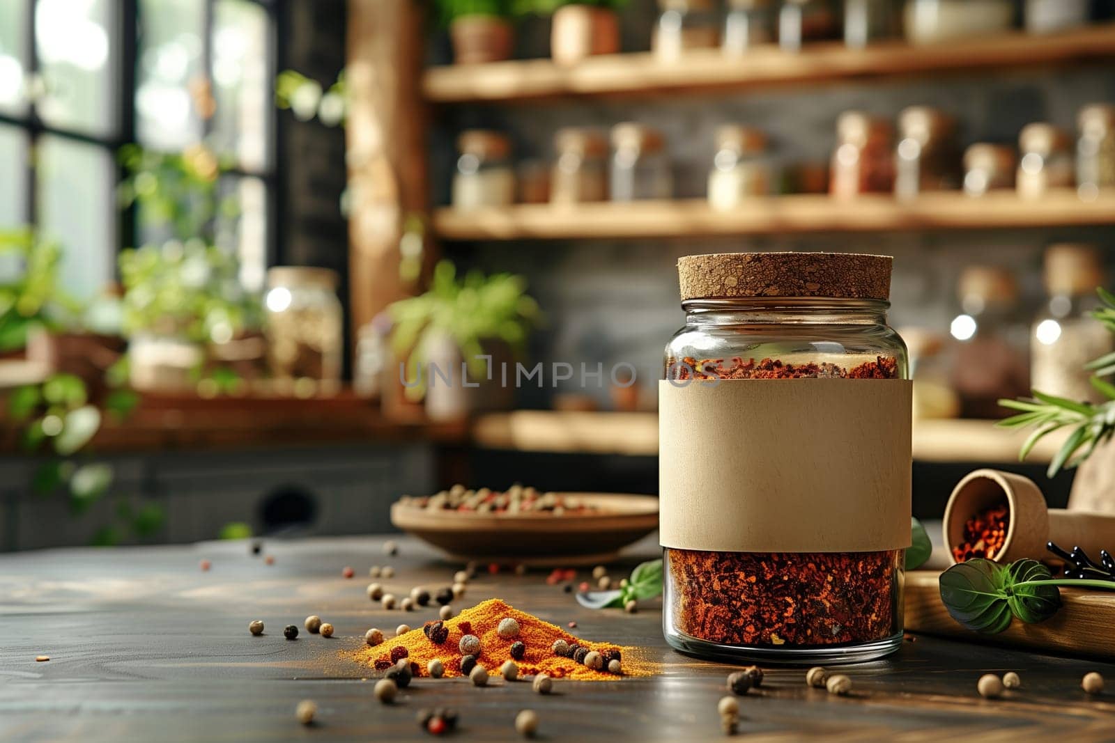 A glass jar filled with dried red spices sits on a wooden countertop in a kitchen. The jar has a cork lid and a plain paper label. The countertop is scattered with whole peppercorns and a small pile of yellow turmeric powder. In the background, a wooden shelf filled with various glass jars of spices is visible.