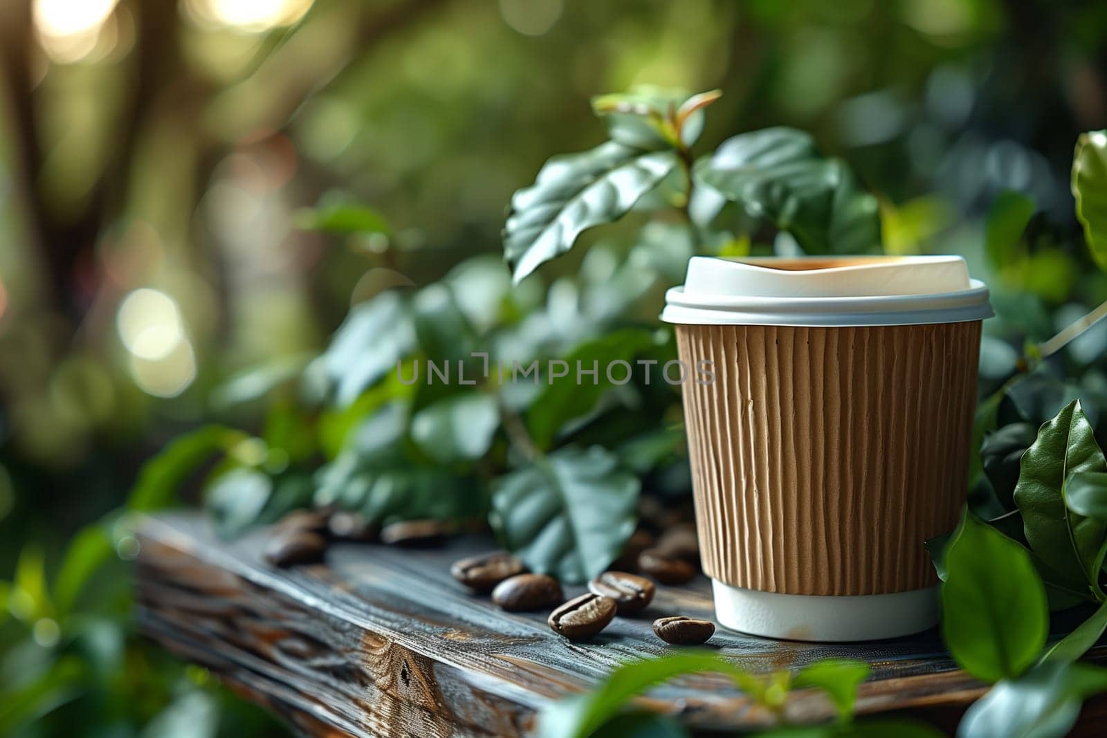 A single disposable coffee cup sits on a wooden table with a scattering of coffee beans in front of it. The cup is made of brown paper with a white lid and is partially surrounded by green leaves. The background is blurred, suggesting a natural outdoor setting.