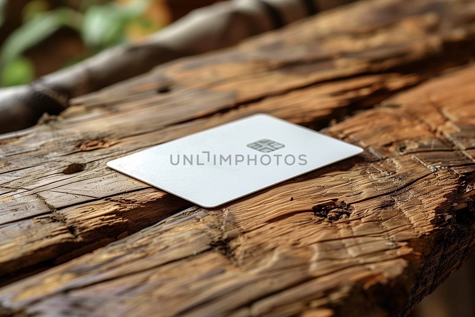 A close-up photograph of a blank white credit card resting on a rough, aged wooden table. The credit card is positioned diagonally, with its chip facing the viewer, and the wooden table surface exhibits a weathered, natural texture.