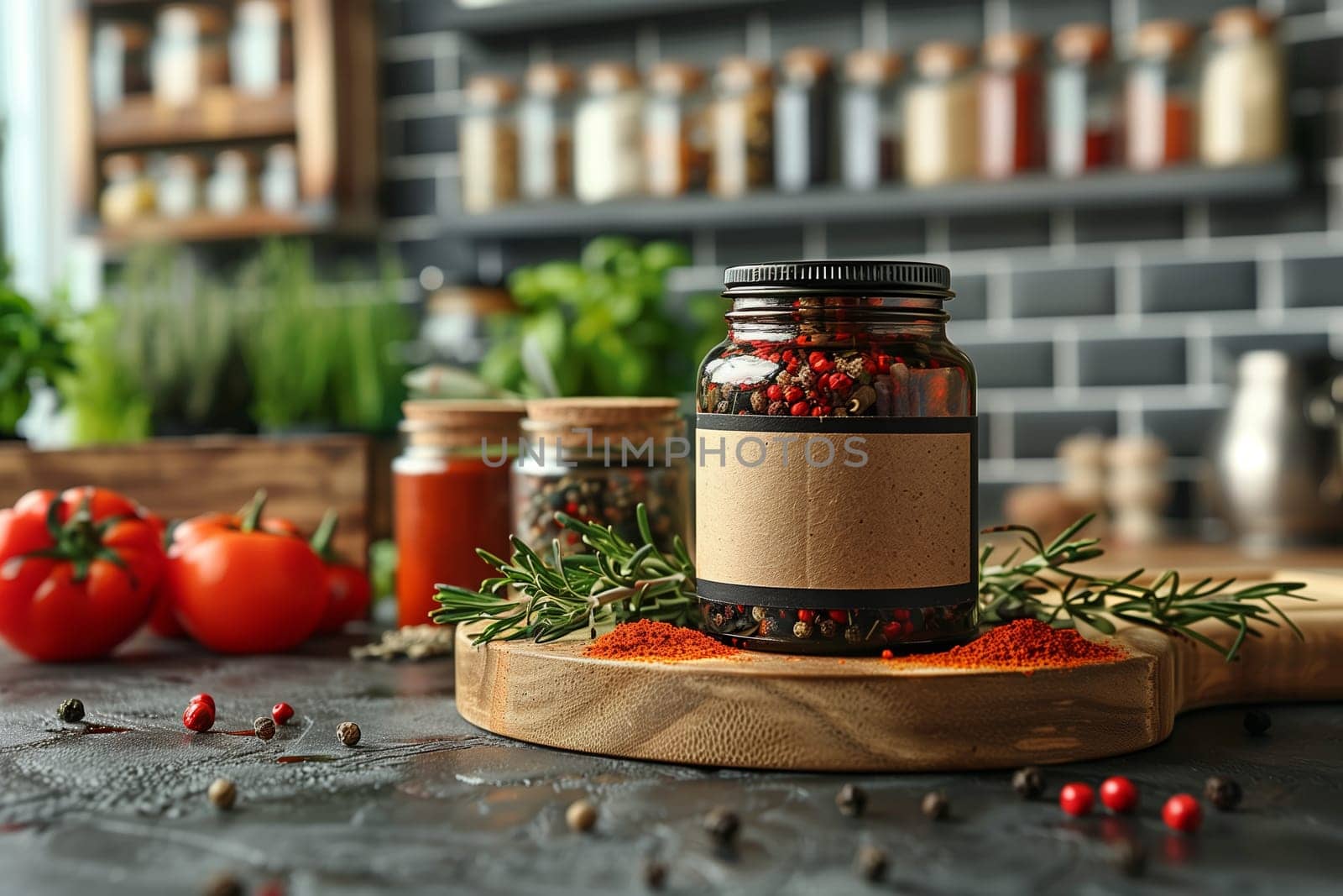 A glass jar filled with assorted peppercorns sits on a wooden cutting board in a modern kitchen. The jar has a brown paper label with a black border. The cutting board is adorned with a sprig of rosemary and a small mound of red pepper flakes. The background features a shelf stocked with additional jars of spices.