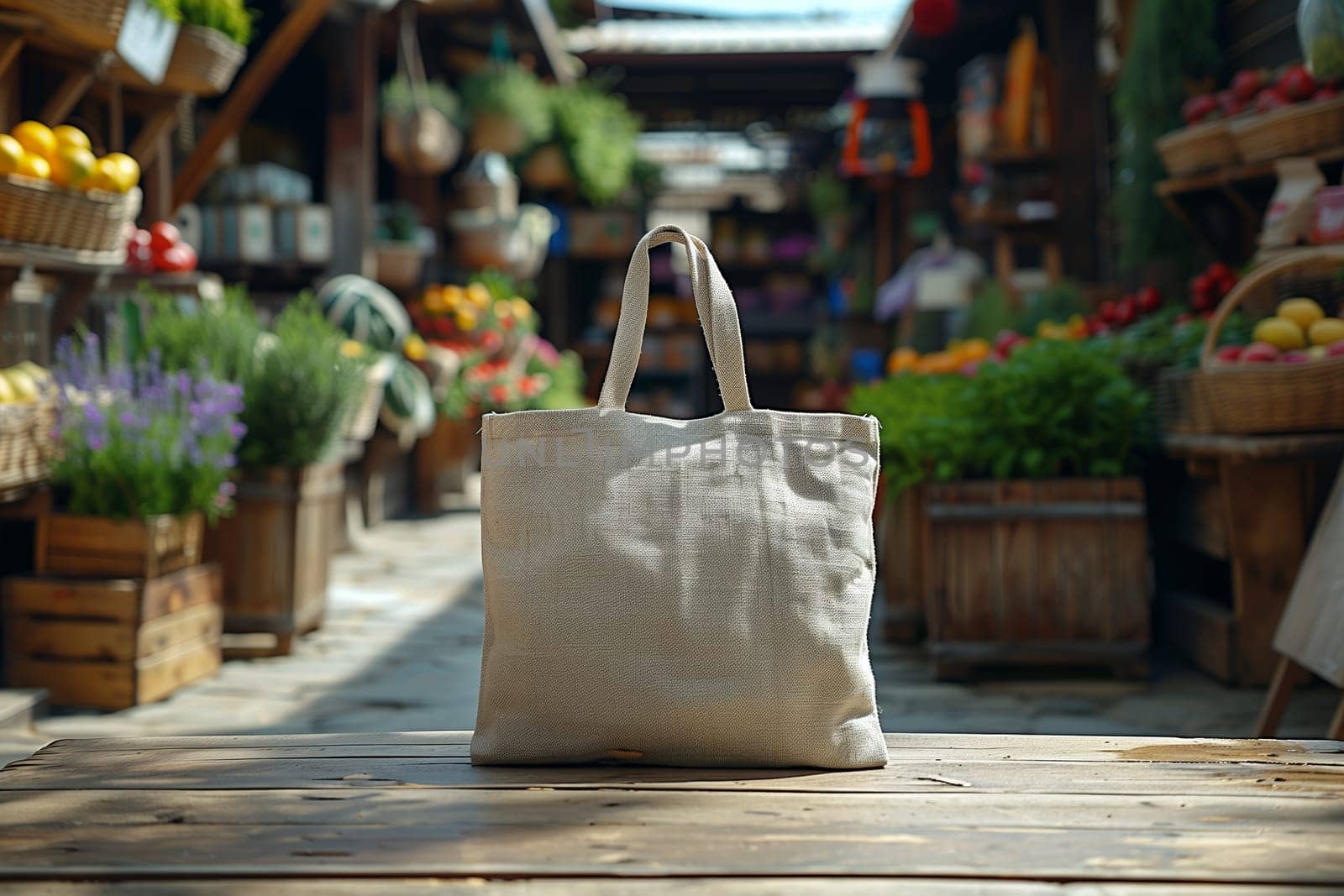 A plain, white cotton tote bag rests on a wooden table in a farmers market setting. The bag is positioned in the foreground, while the market stalls are blurred out in the background, creating a sense of depth and perspective. The market stalls are filled with fresh produce and greenery, suggesting a bustling and lively atmosphere.