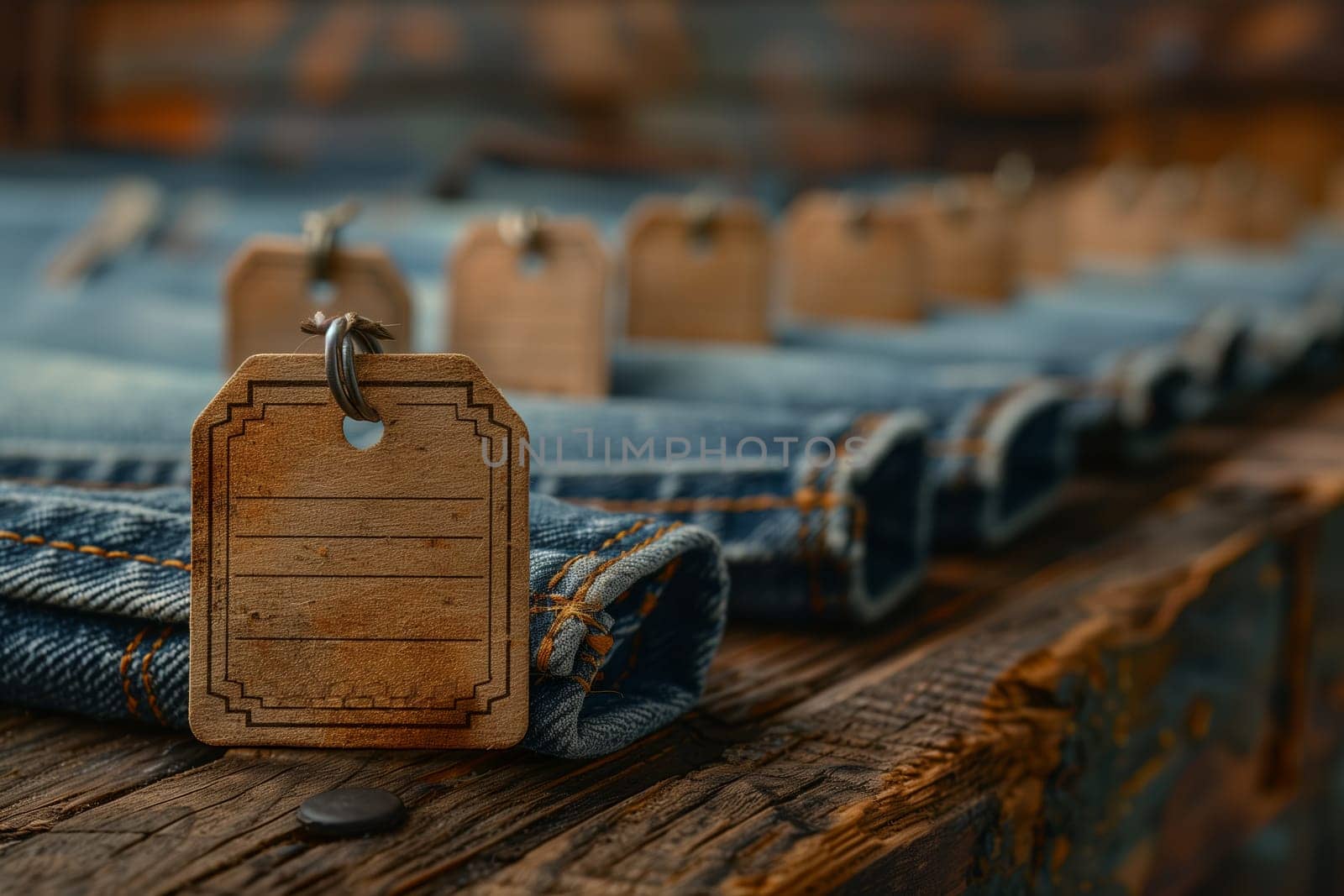 A close-up shot of a wooden tag with a metal ring hanging on the edge of a wooden surface. The tag has a blank space for writing and is positioned on top of denim jeans that are neatly rolled and stacked on the surface.