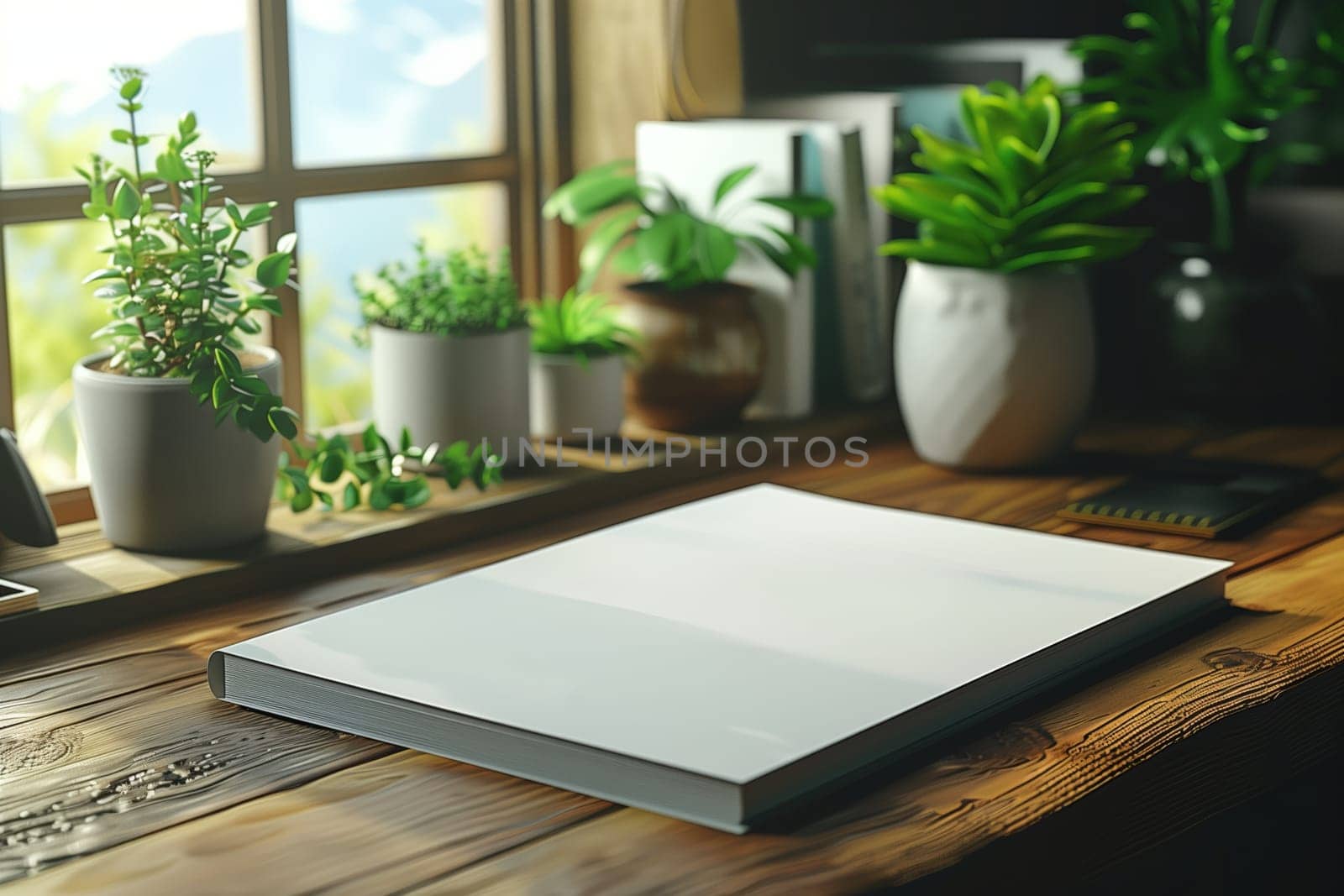 This image shows a white book lying flat on a wooden table next to a window. The window is open, and there are plants in pots on the windowsill. The scene is lit by natural sunlight coming through the window.