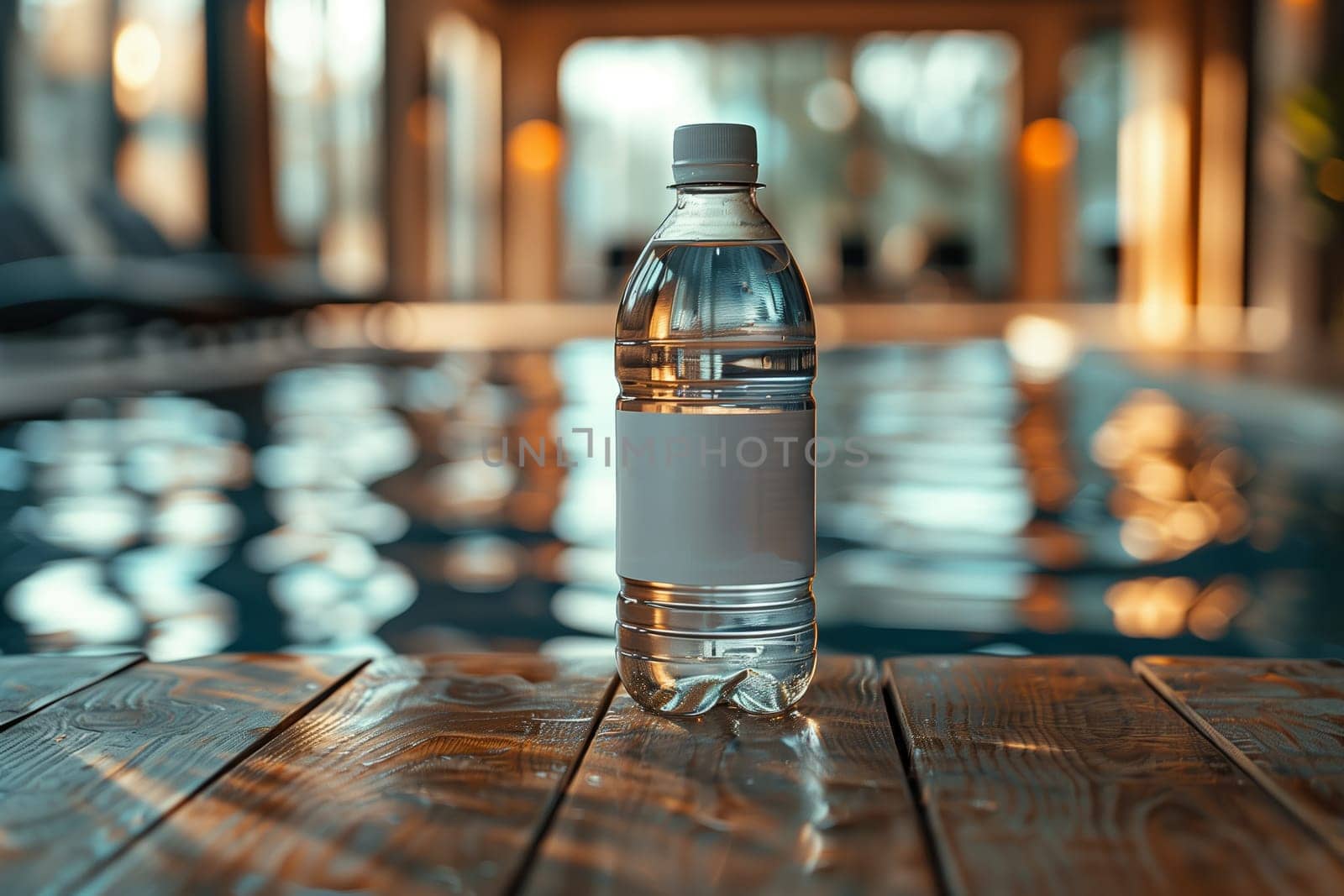 A single plastic water bottle sits on a wooden deck with a swimming pool in the background. The bottle has a blank label, making it perfect for branding or product placement. The setting suggests a relaxing and refreshing environment.