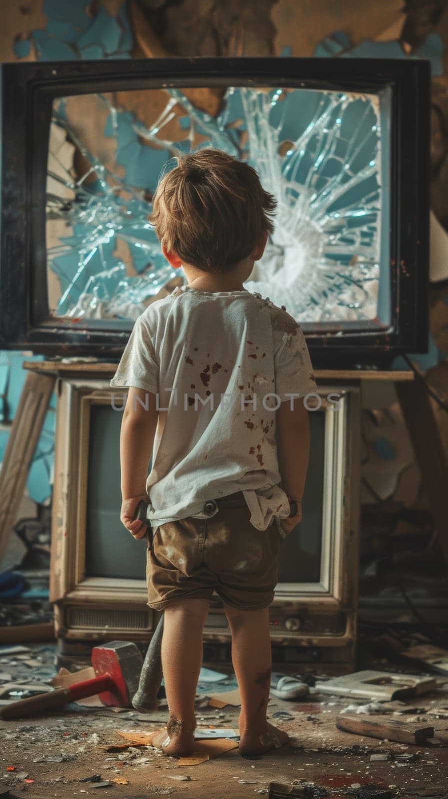 A child looks at a shattered television, symbolizing lost innocence. The chaos of the room reflects the aftermath of a playful moment turned awry