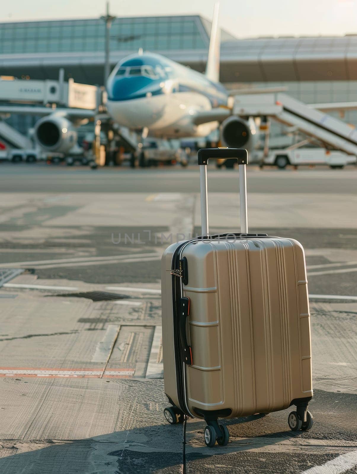 As the day begins to wane, a suitcase stands on the tarmac, basking in the golden hour, while a plane prepares for its voyage in the backdrop. The scene is a blend of calm before the bustle of travel