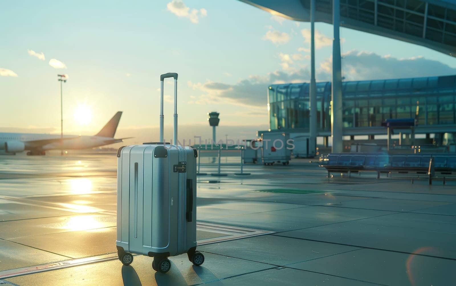 A solitary suitcase in the foreground catches the first light of sunrise at the airport, with a departing plane in the background under a sky of soft clouds