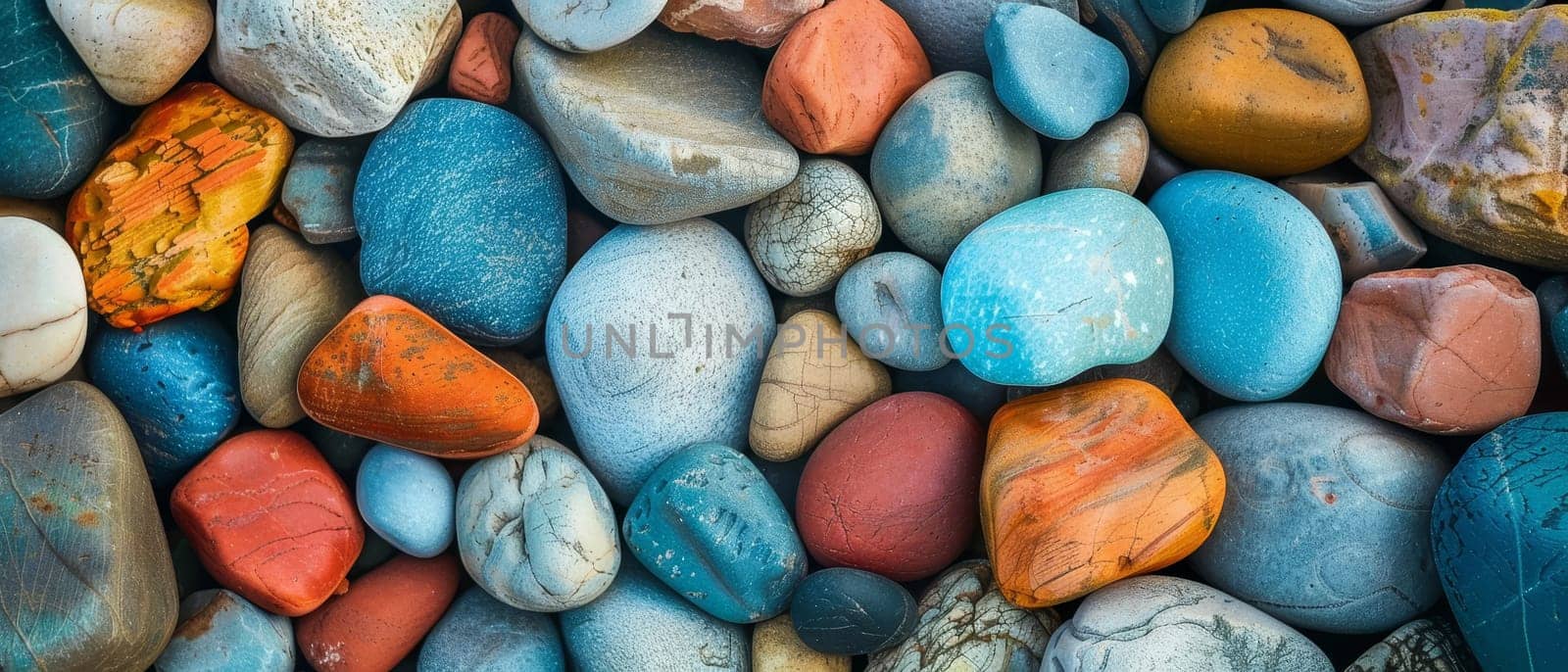 A tapestry of brightly colored pebbles fills the frame, creating a vibrant natural pattern. Each stone tells a geological story against the backdrop of a clear blue sky