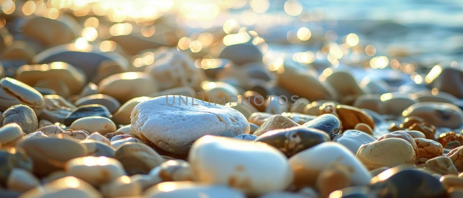 The golden light of sunrise reflects off a shore rich with glistening pebbles, creating a tranquil ambiance. The image captures the fleeting beauty of nature's quiet moments